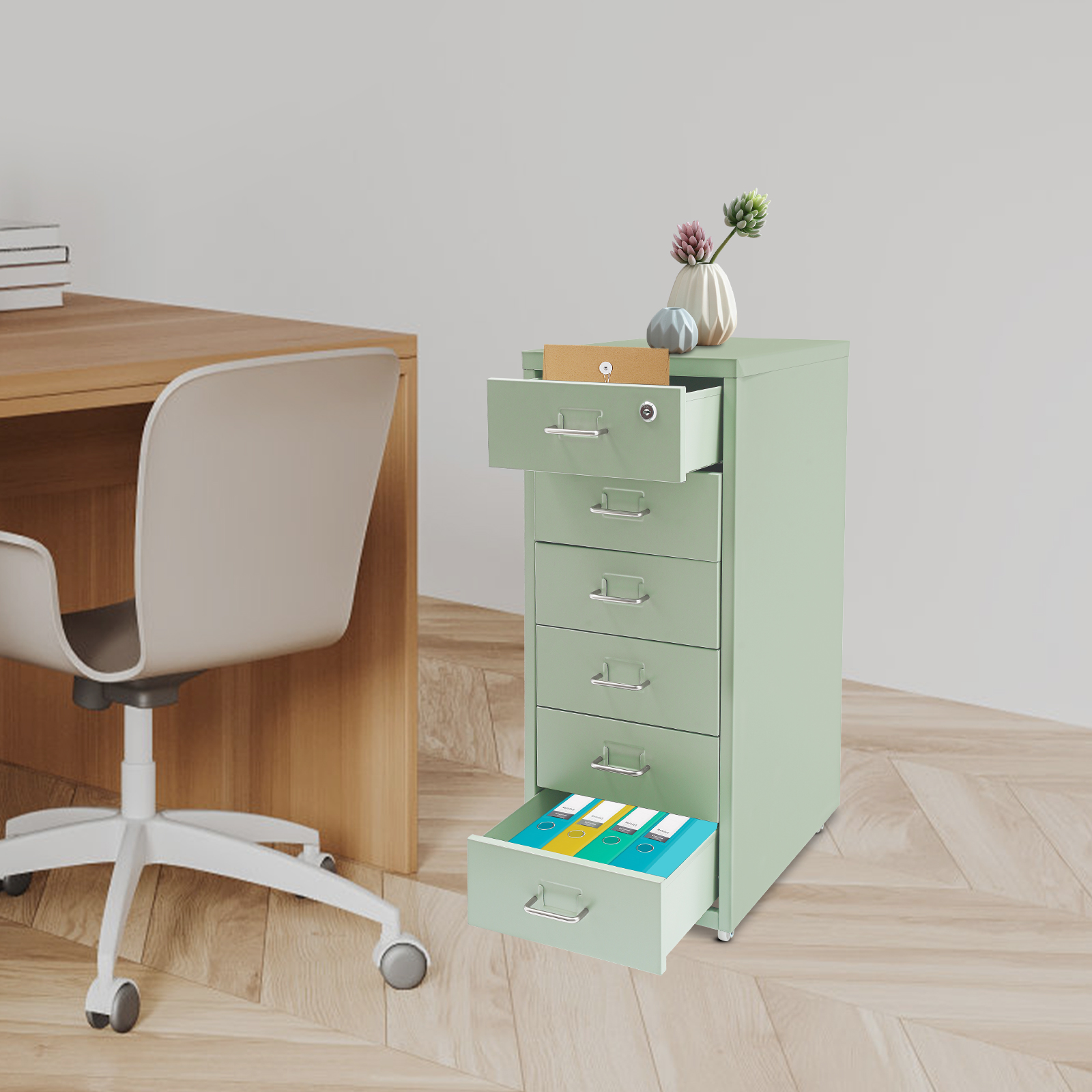 Green Drawer File Cabinet with Lock 6-Drawers Filing Chest Metal Vertical File Cabinet Organizers Movable Under Desk Storage Cabinets for Home Office-11*16*27in, Load 22lbs/ Each Tier, Rectangular