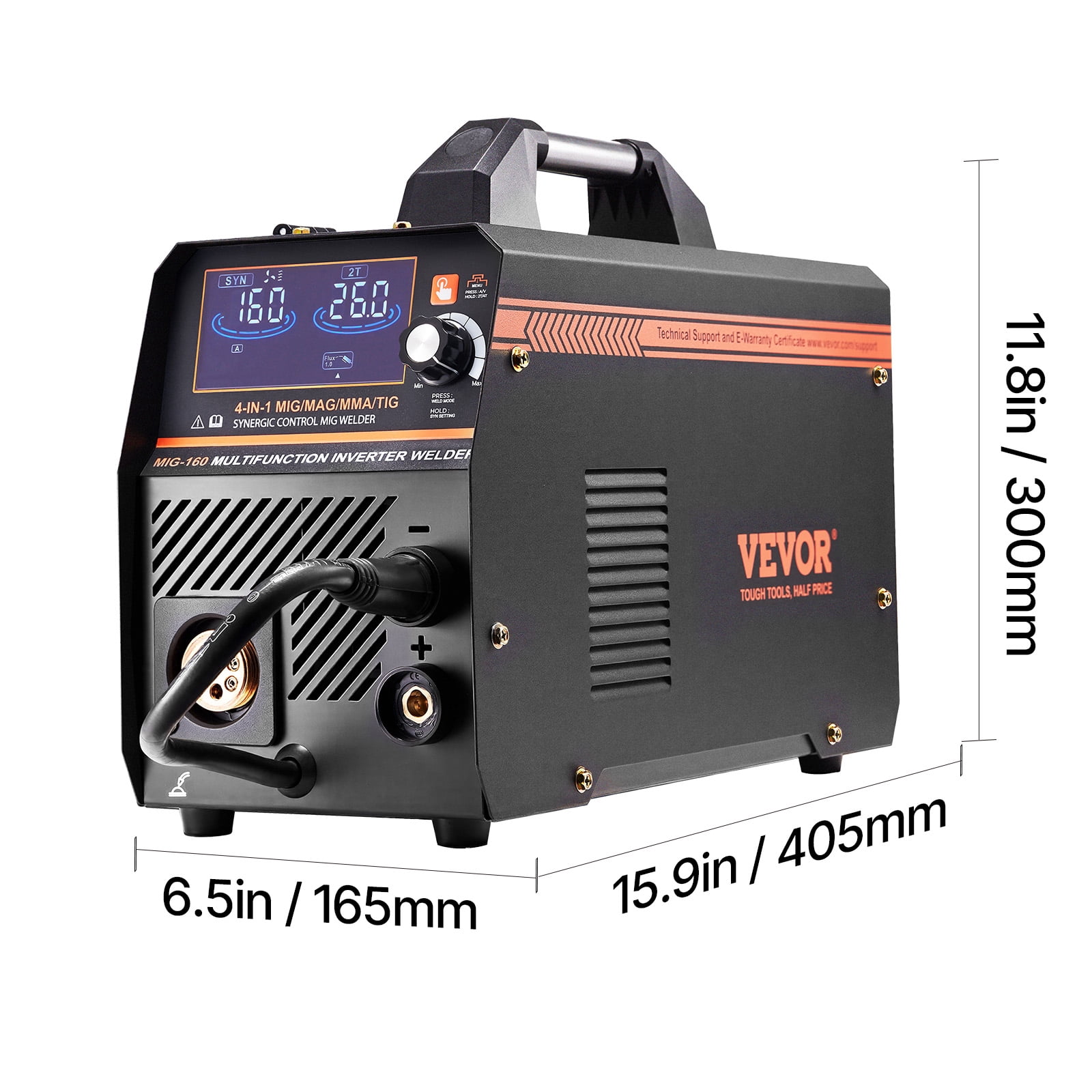 VEVOR MIG Welder, 160A Synergic Mig Welding Machine,4-in-1 Gas MIG/Flux Core MIG/Stick/Lift TIG Multi-Process Welder Machine, 110V/220V Dual Voltage Mig Welder with IGBT Inverter & LCD Screen Display