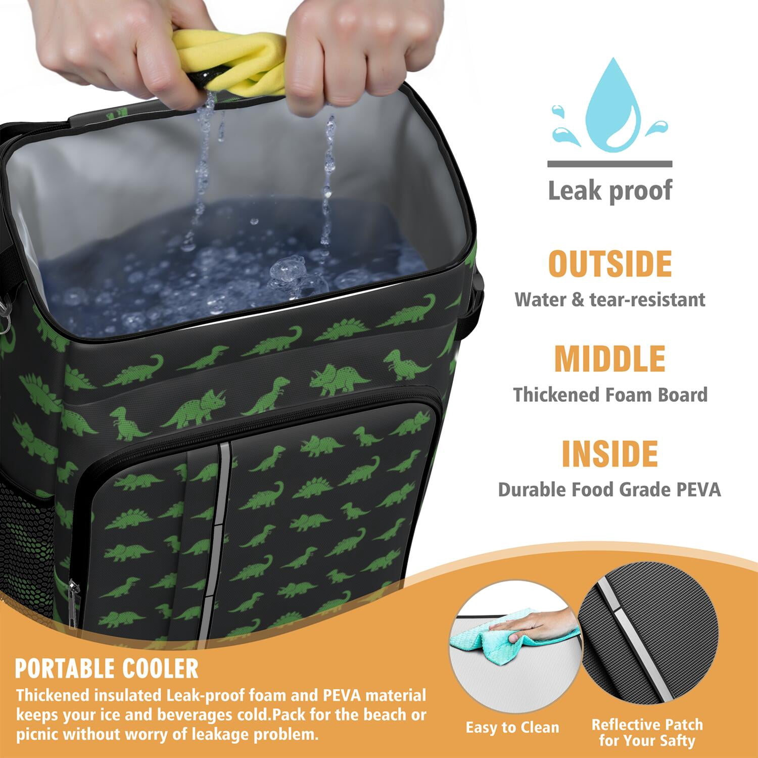 Travel Cooler Bag - Black Dinosaurs Neon Pattern Camping Beer Cooler Backpack with Bottle Opener- Waterproof Insulated Picnic Backpacks - Cooler Bag for Beach