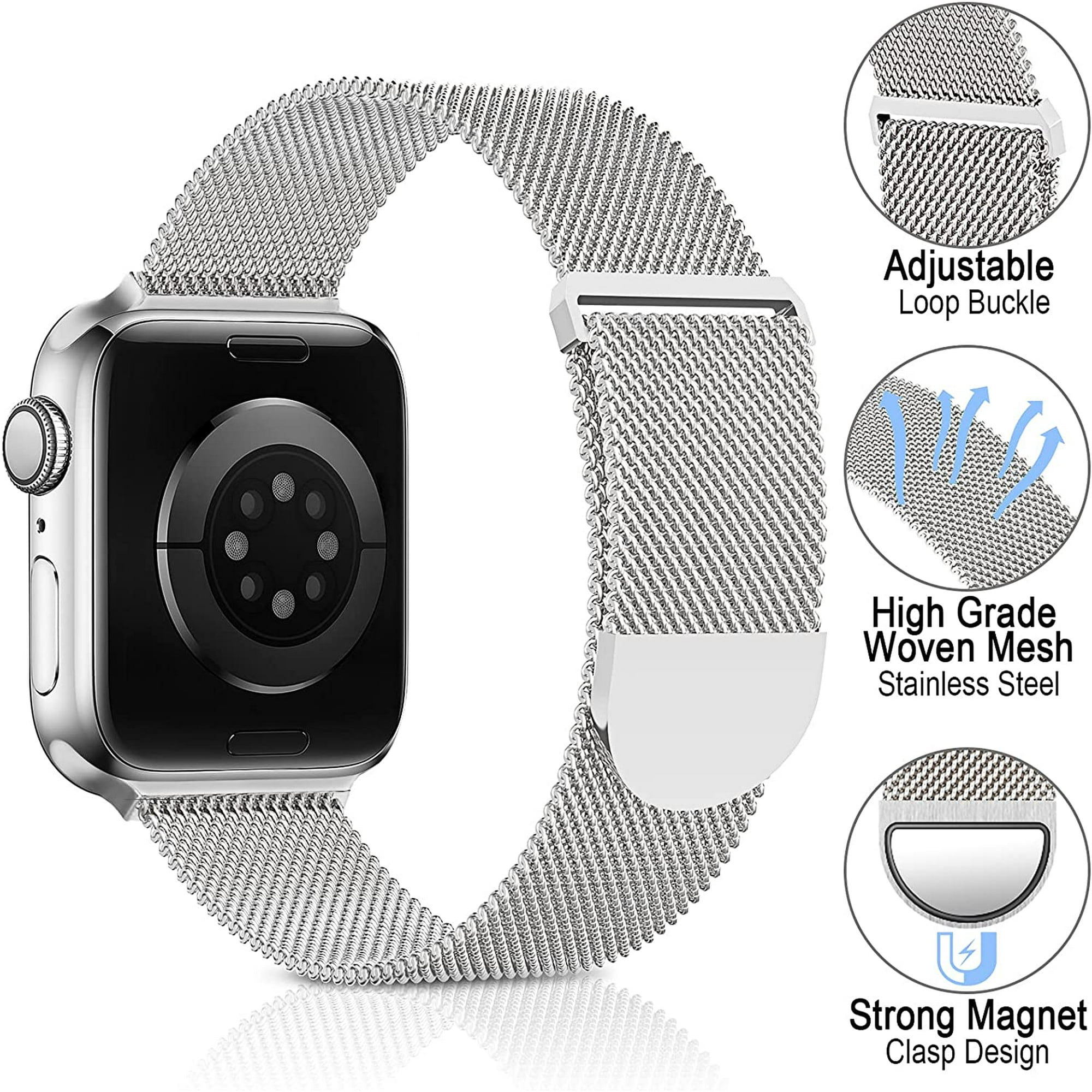 Junsice Metal Stainless Steel Band Compatible With Apple Watch Bands 38mm 40mm 41mm 42mm 44mm 45mm silver Loop Adjustable Strap Magnetic Wristband For