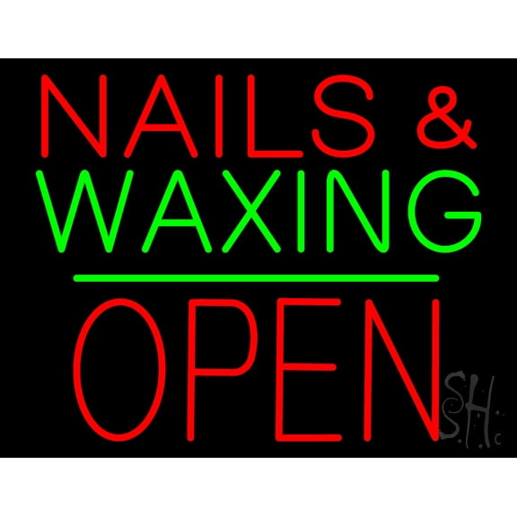 Nails and Waxing Block Open Green Line LED Neon Sign 15 x 19 - inches, Black Square Cut Acrylic Backing, with Dimmer - Bright and Premium built indoor LED Neon Sign for Spa decor and storefront.