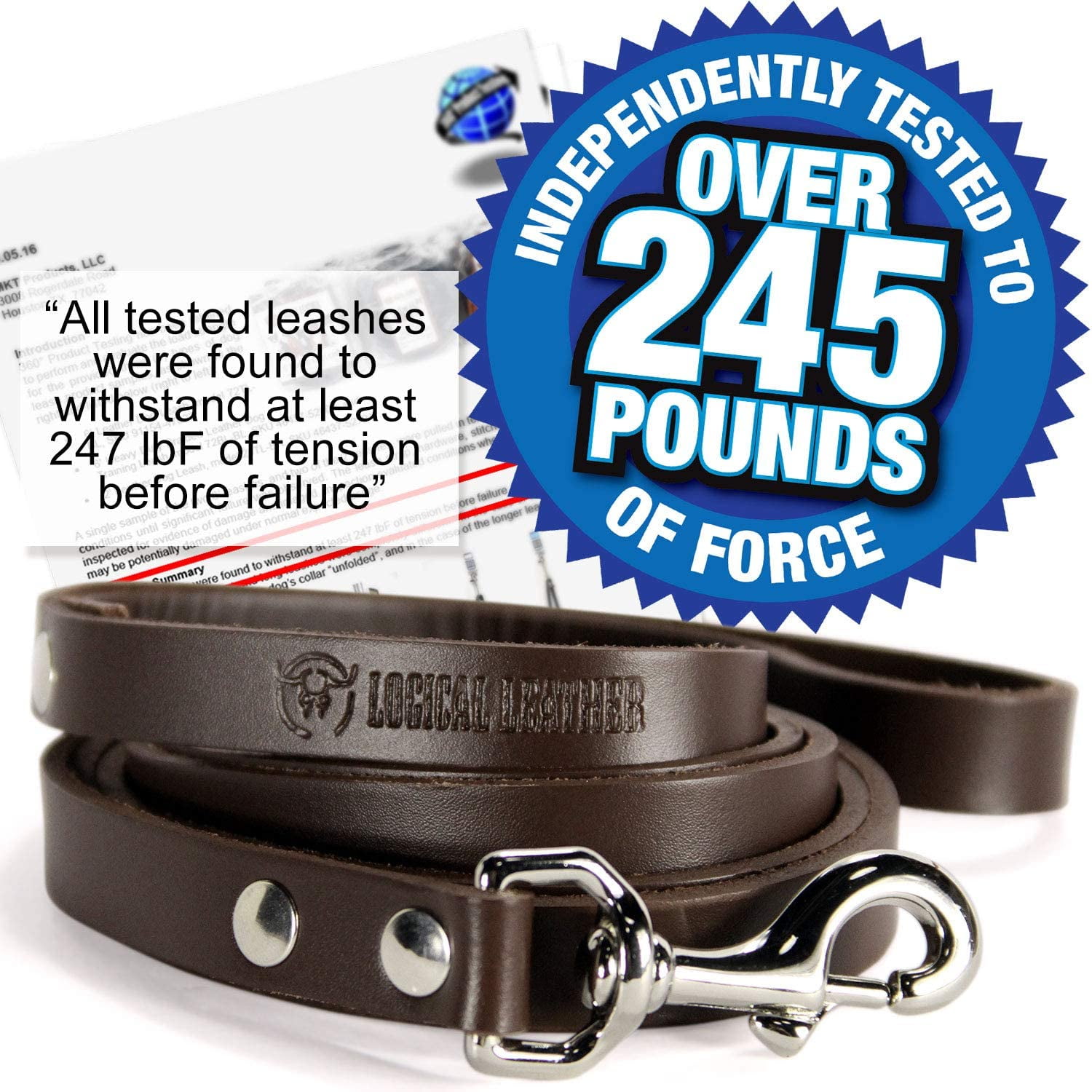 Logical Leather Dog Leash - 6 Foot Heavy Duty Full Grain Leather Lead; Best for Training - Brown