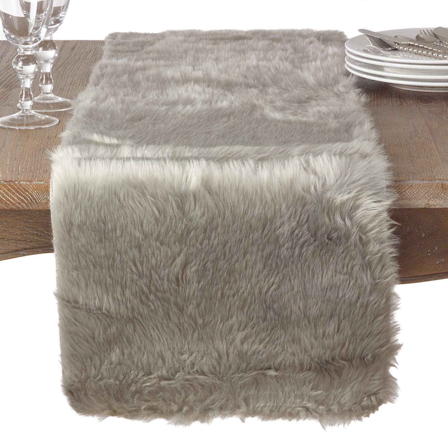 Fennco Styles Juneau Gray Faux Fur Table Runner 15"W X 36"L - Solid Color Soft Plush Table Cover for Home, Dining Room, Banquets, Holiday and Special Occasion
