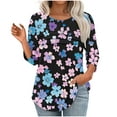thumbnail image 3 of JTZGDY Women's 3/4 Length Sleeve Tops Dressy Casual Ruched Pleated Blouses Cute Floral Printed Crewneck Graphic T-Shirts Loose Curved Hem Tunic Fall Outfit Tshirts Clothes Navy#04 XL, 3 of 7