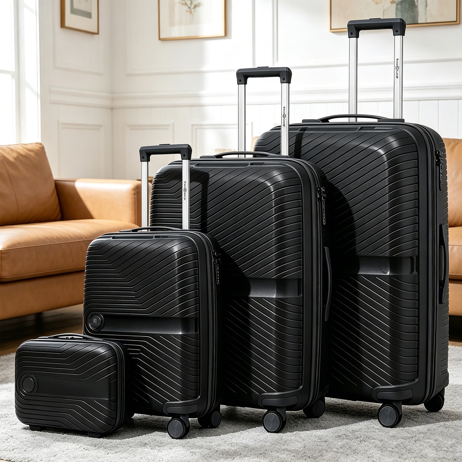 4 Piece Expandable ABS Luggage Set 13"+20"+28"+32", Hard Shell Spinner Suitcases with TSA Lock, Lightweight Travel Suitcase for Family Trip BLACK