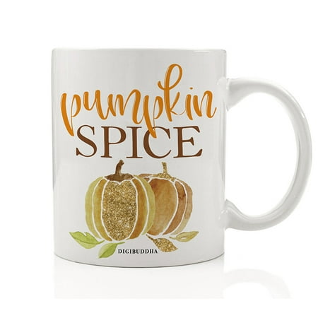 Pumpkin Spice Coffee Mug Gift Idea Orange & Gold Sparkling Seasonal Flavors Birthday Christmas All Occasion Present for Family Friend Coworker Home Office 11oz Ceramic Beverage Cup Digibuddha