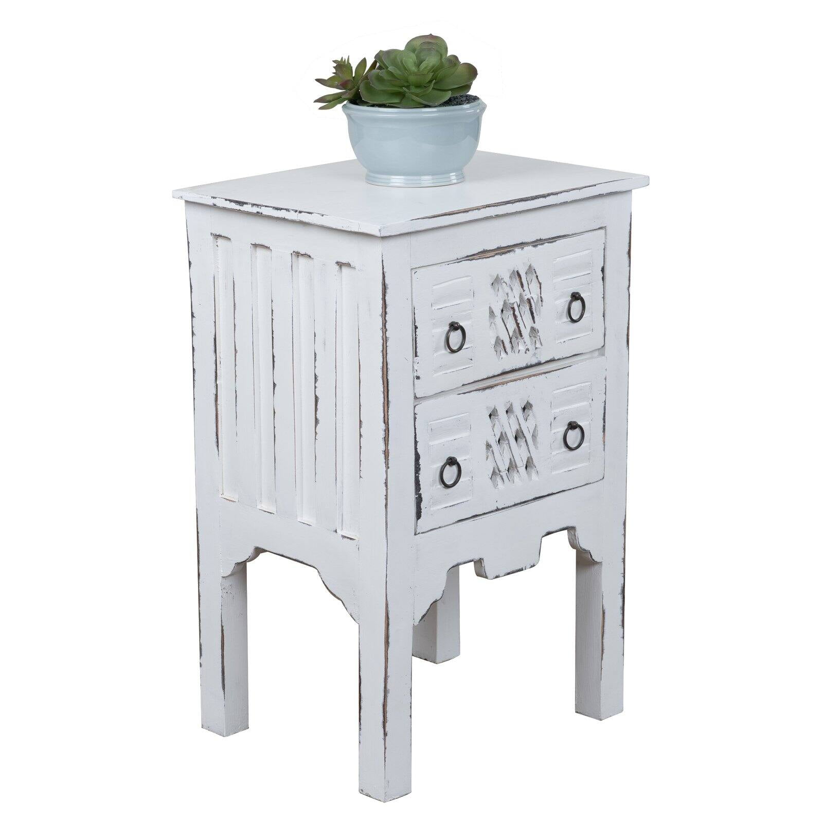 White Wooden Side Table With 2 Drawers 47cm Storage Decor Furniture Shabby Chic 
