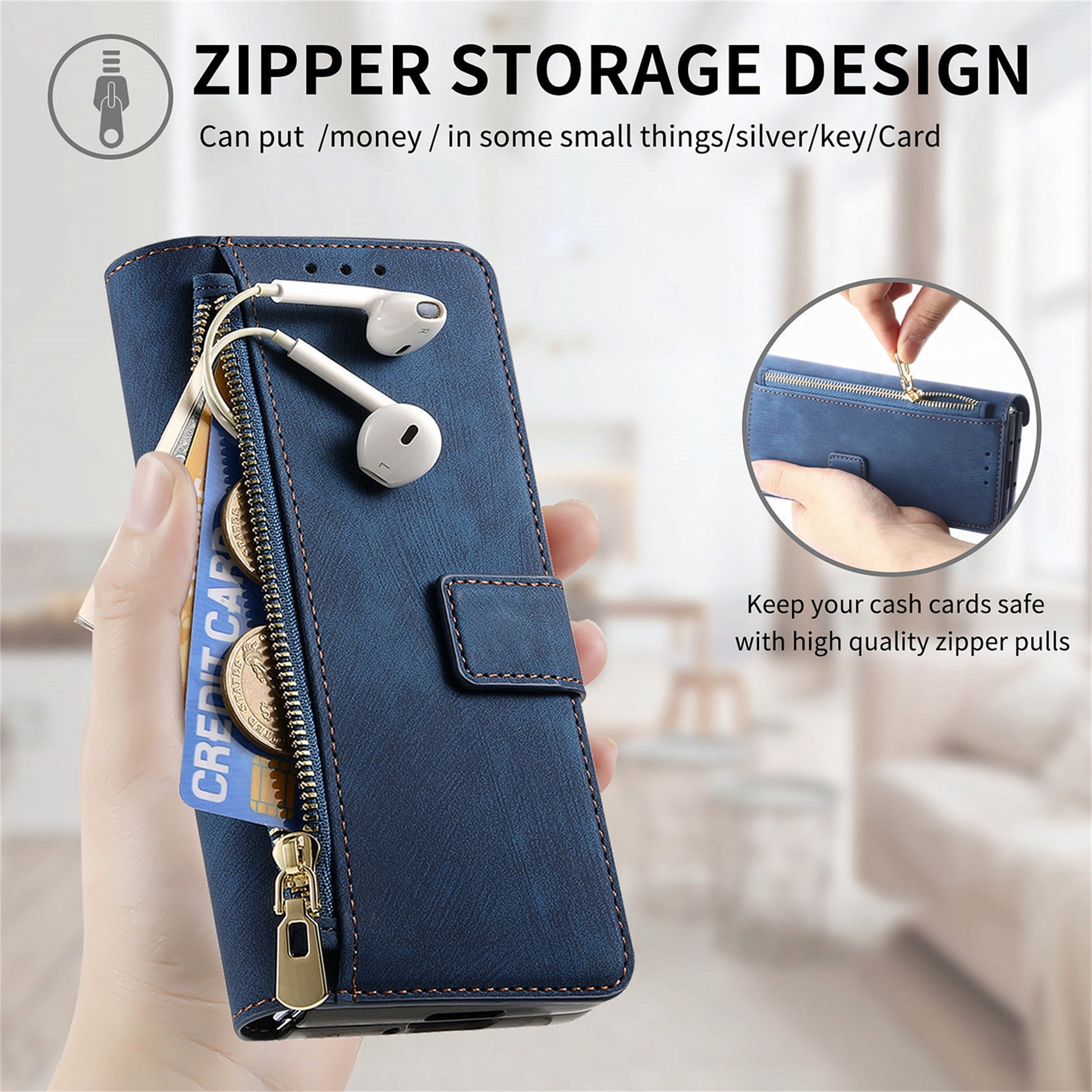 CCSmall for Samsung Galaxy Z Fold 6 5G Detachable Magnetic Wallet Phone Case, RFID Blocking Material Retro Folio Flip Leather Case Zipper Purse Cover with Card Slots for Galaxy Z Fold6 KQX Blue