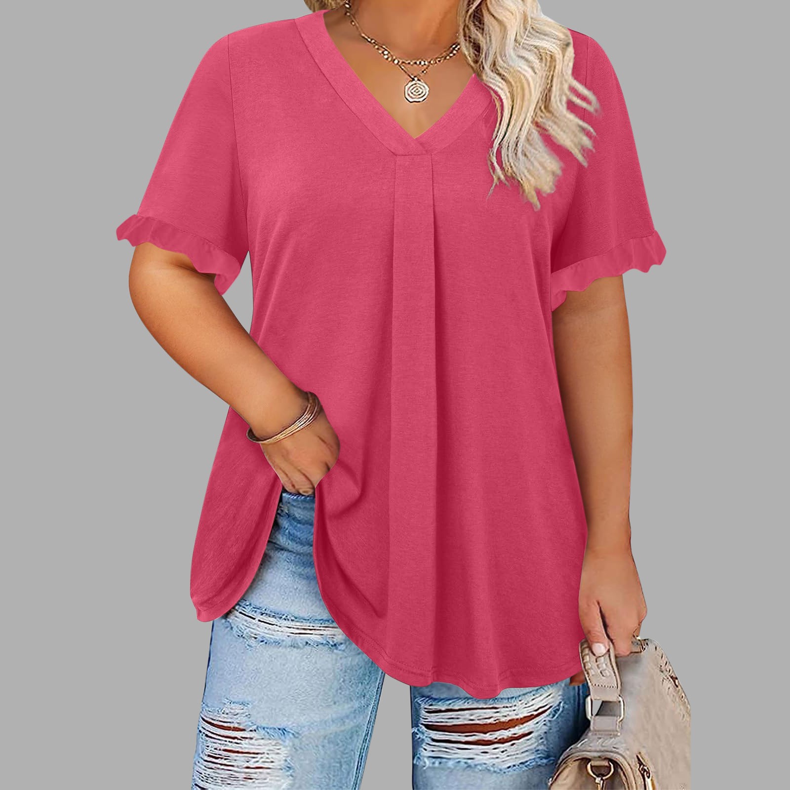Ayolanni Plus Size Women Shirts Hot Pink V-Neck Flutter Short Sleeve Solid T-Shirts Teen Girls Shirts 5x