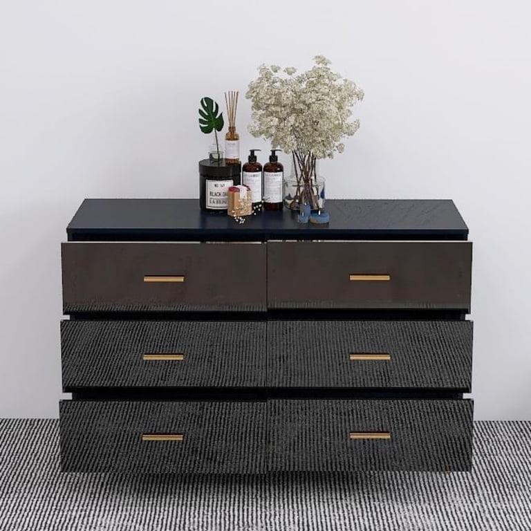 black glossy dresser Carlie 6-Drawer Dresser in Black High Gloss Finish w- Silver Accents