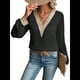 thumbnail image 2 of Blusas Elegantes e Informales con Cuello en V para Mujer, Blusas de Encaje de Larga, Blusas Tipo Túnica de Jacquard A para Otoño. Negro L, 2 of 9