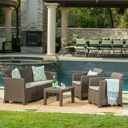 Rattan Style Jacob Outdoor 4 Piece Wicker Rattan Style Chat Set with Weather Resistant Cushions, Brown and Mixed Beige ()