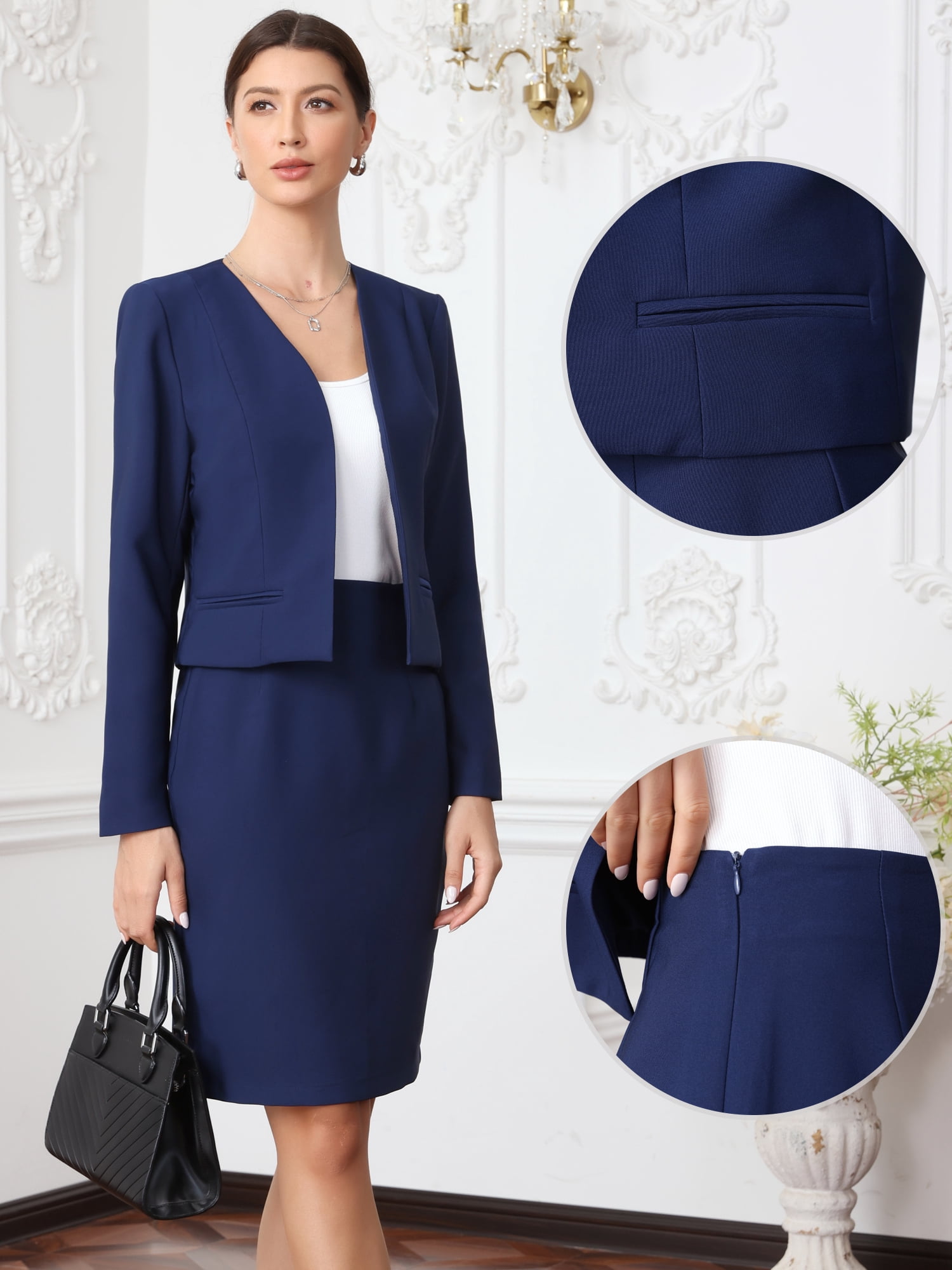 DARING DIVA 2Pcs Women's Business Blazer and Pencil Skirt Suit Set XS Dark Blue