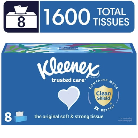 Kleenex Trusted Care Facial Tissues, 8 Flat Boxes, 200 Tissues per Box, 2-Ply