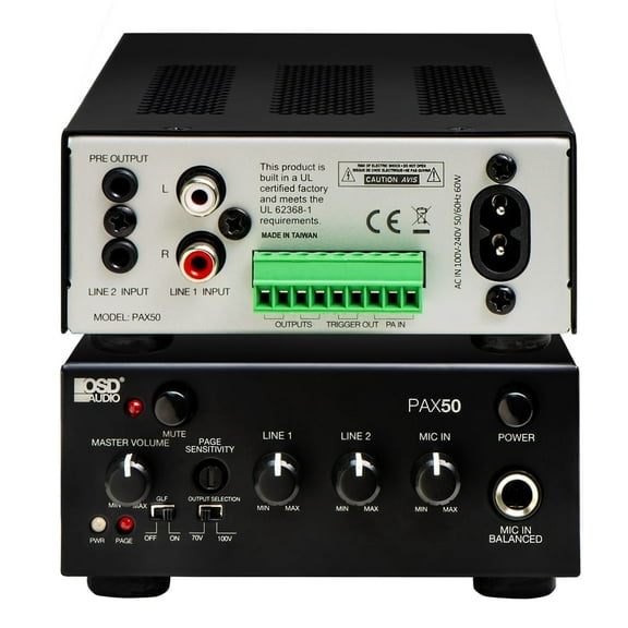 OSD Audio PAX-50 50W Commercial 70V Amplifier, 2 Channel, Class D - ¼ Rack Width, 1U Height