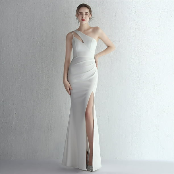 Vestido de satén ajustado de un solo hombro, largo, adelgazante, con cola de pez, para cenas de celebridades, para exhibiciones de modelos de autos de bodas