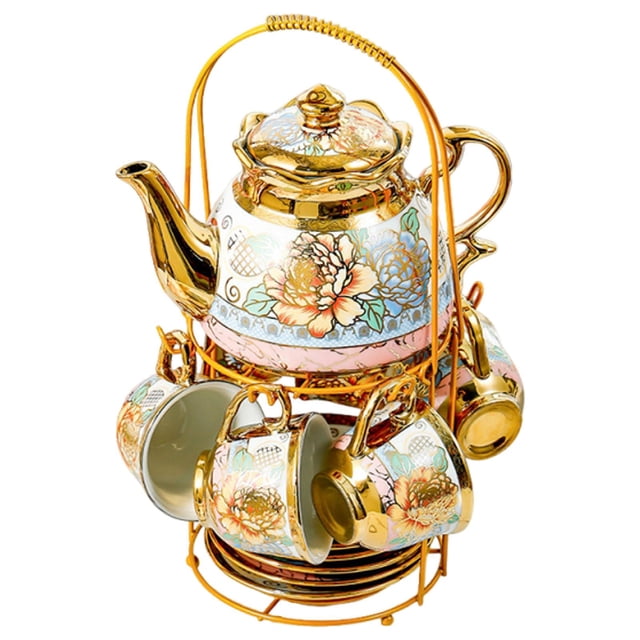 Juego de té de cerámica con diseño floral, ideal como regalo de cumpleaños, tetera, y platillo, para cualquier ocasión, como reuniones,