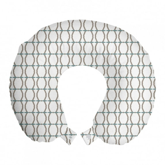 Geometric Travel Pillow Neck Rest, Abstract Motifs Lines in Vertical Design on a Plain Background, Memory Foam Traveling Accessory Airplane and Car, 12", Warm Taupe and Cadet Blue, by Ambesonne