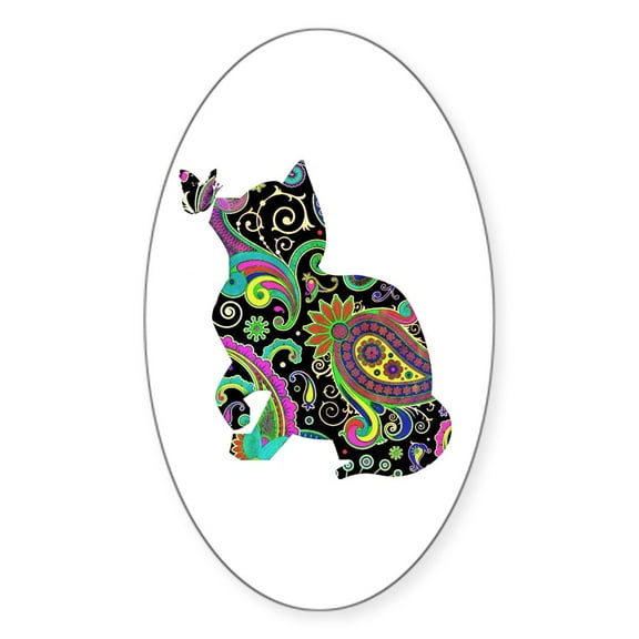 CafePress - Paisley Cat And Butterfly Sticker - Sticker (Oval)