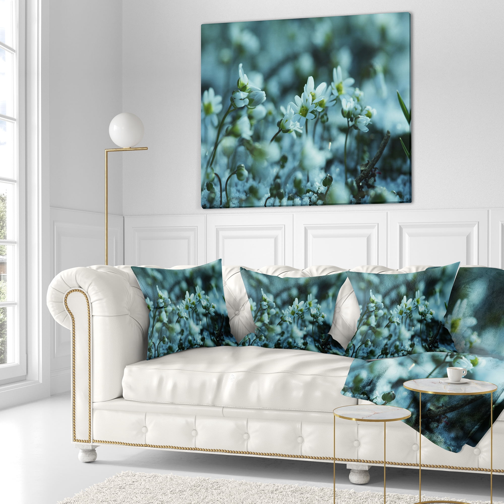 Designart Small White Flowers on Blue Background - Floral Throw Pillow - 16x16