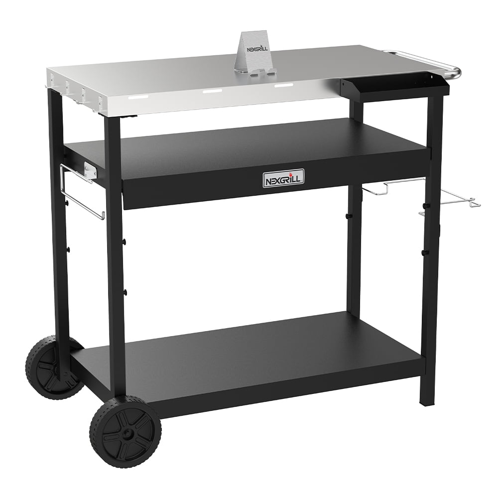 Nexgrill Outdoor Stainless Steel Food Prep Cart w/ Double Shelves, Paper Towel Holder, Hooks, Condiment Tray, Trash Bag Holder