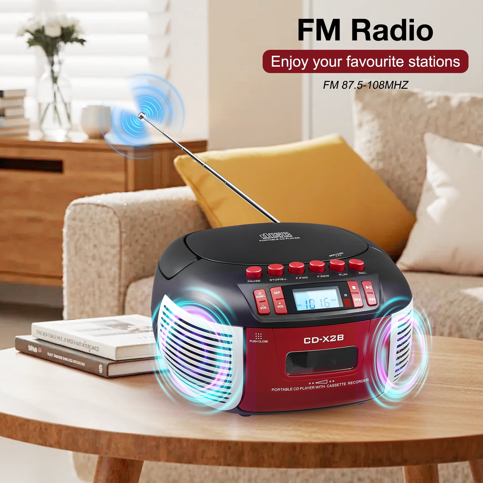 Cassette Boombox CD Player Combo with Bluetooth and Remote,Stereo Speakers,FM Radio,Tape Recording.