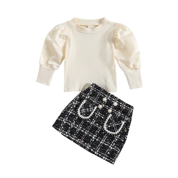 Sngxgn Toddler Girl Fall Clothes Solid Knitted Pullover Top A-Line Button Mini Skirt Set Girls 2Pcs Oufits(White,100)
