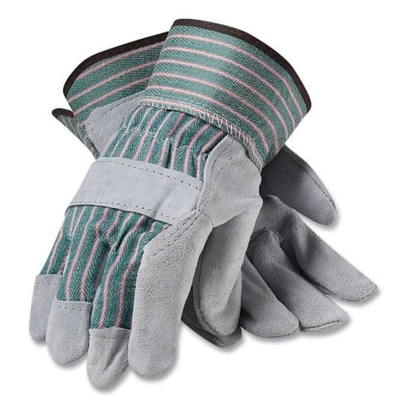 Bronze Series Leather/fabric Work Gloves, Large (size 9), Gray/green, 12 Pairs | Bundle of 2 Dozen