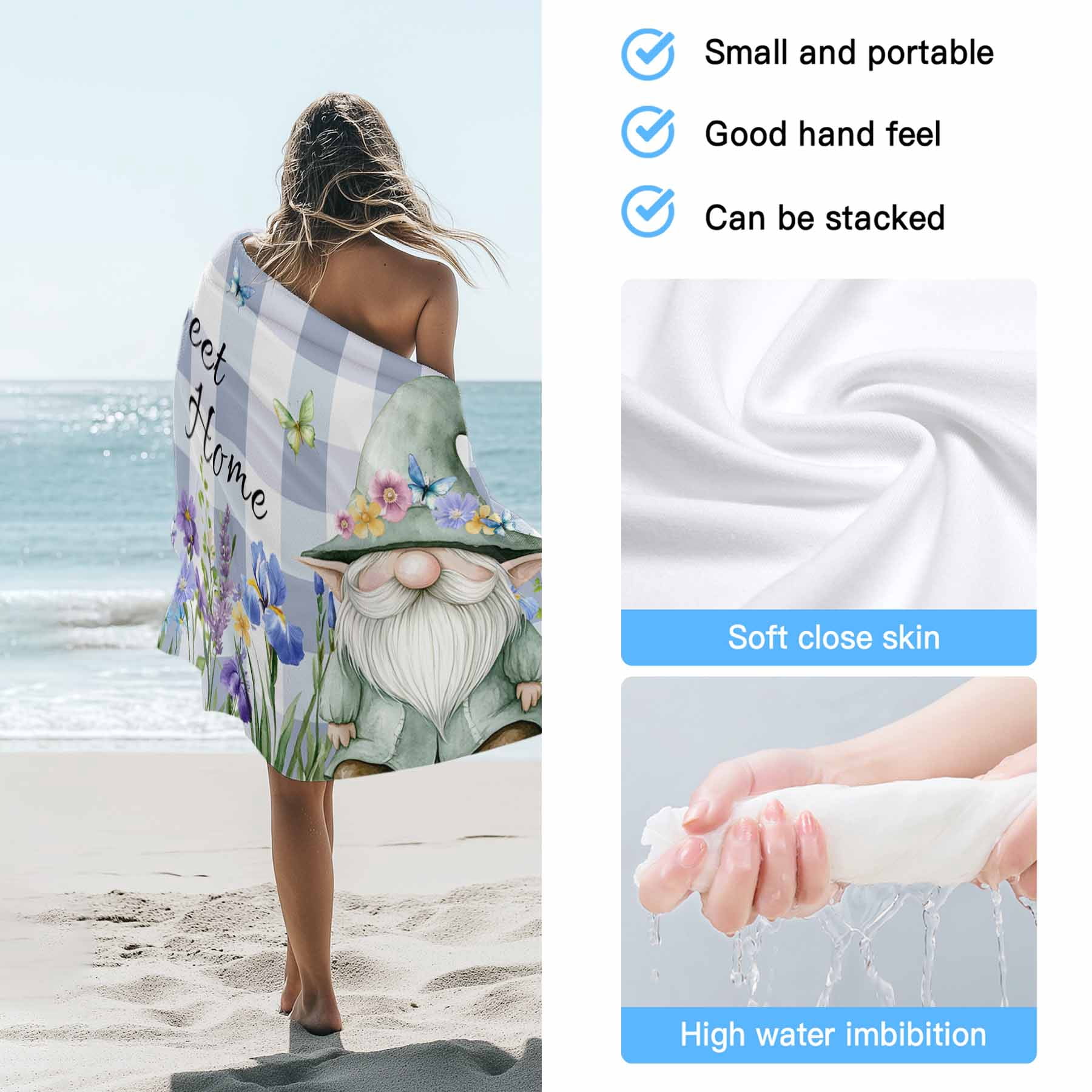 Home Sweet Home Gnome Beach Towels Blanket Soft&Absorbent Quick Dry Microfiber Purple Floral Plaid Pool Towels for Swimming ,Yoga, Sports, Gym, Camping,Large 30X60in,