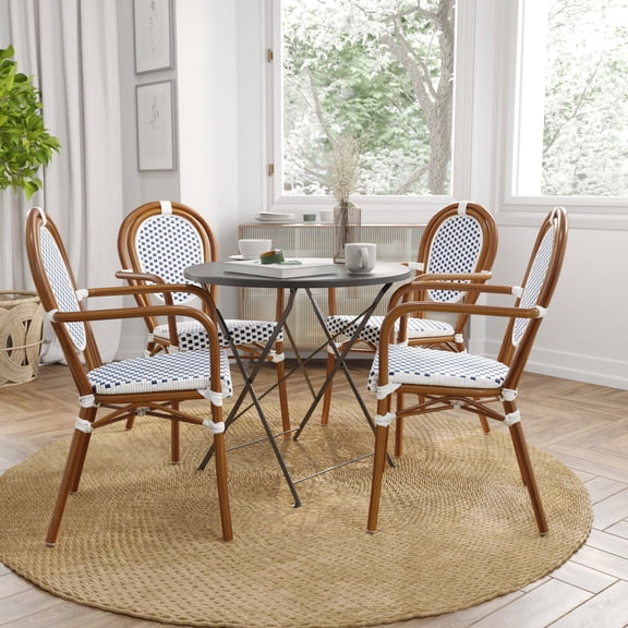 Merrick Lane Set of Four Stacking Thonet French Bistro Style Chair with Arms, White & Gray PE Rattan Seat, and Bamboo Metal Frame for Indoor/Outdoor Use