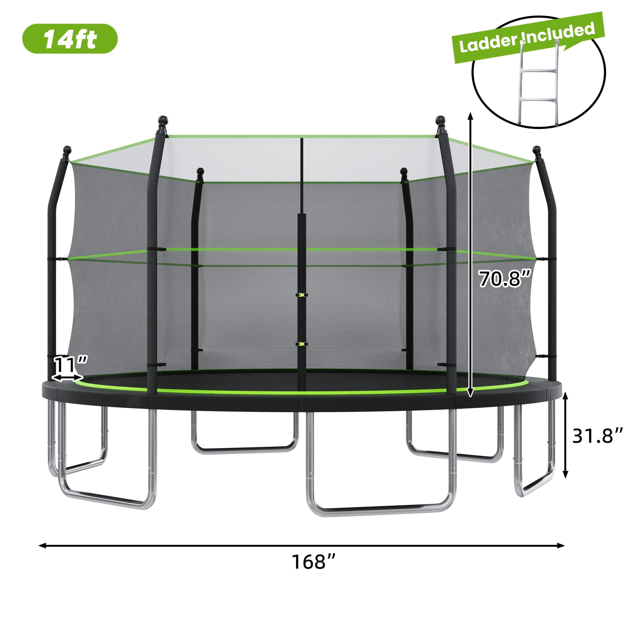 Noble House 14FT Outdoor Backyard Trampoline, Rust-Resistant Metal Frame, Enclosure Net with Ladder, Black & Green