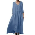 thumbnail image 3 of Oksale Cotton Linen Dress for Women with Pockets Loose Fit Full Length Dresses Casual V Neck Dress Loose Long Sleeve Fall Dress Blue M, 3 of 8