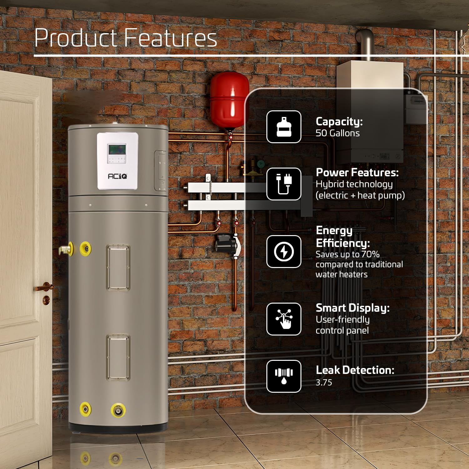 ACiQ Electric Residential Hybrid Hot Water Heater Electric 50 Gallon Tank | Heat Pump, Water Heater, Quiet Operation | 240V, 1Ph, 60Hz