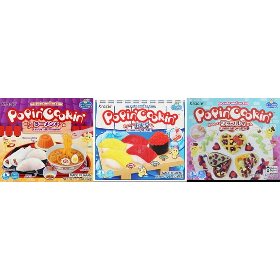 3 Pack Kracie Popin Cookin DIY Candy Kit, 3 Mixed Flavor (Ramen,Sushi,Waffle) Plus NineChef Brand Long Handle Coffee Spoon