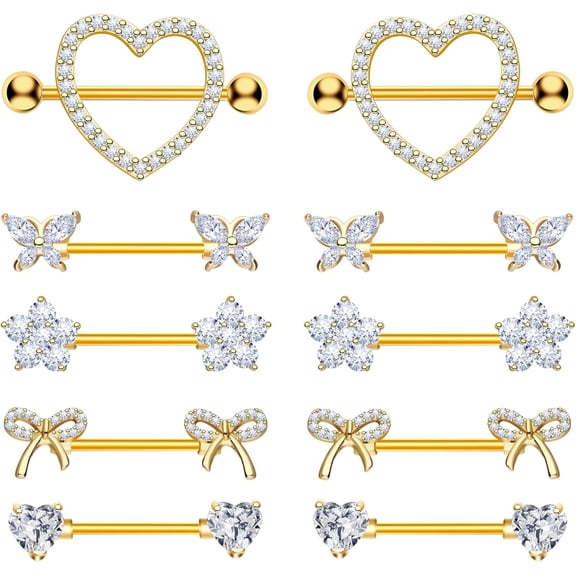 Nipple Rings - Surgical Stainless Steel Gold Silver Pink Blue Purple CZ Heart Butterfly Flower Bow Jewelry - 14 Gauge Nipple Bars and Barbells