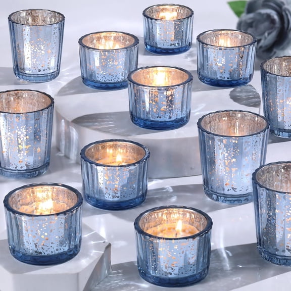 20pcs Assorted Mercury Ribbed Blue Votive Candle Holders for Wedding Centerpiece, Blue Candle Holders for Table Centerpiece, Home, Baby Shower