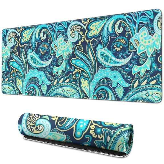 Long Mouse Pads for Desk,Blue Paisley and Floral Pattern Desk Mats on Top Of Desks, Desk Mouse Pad Extra Large with 3mm Non-Slip Base and Stitched Edge for Gaming,Office,Work,Home 31.5"x11.8"