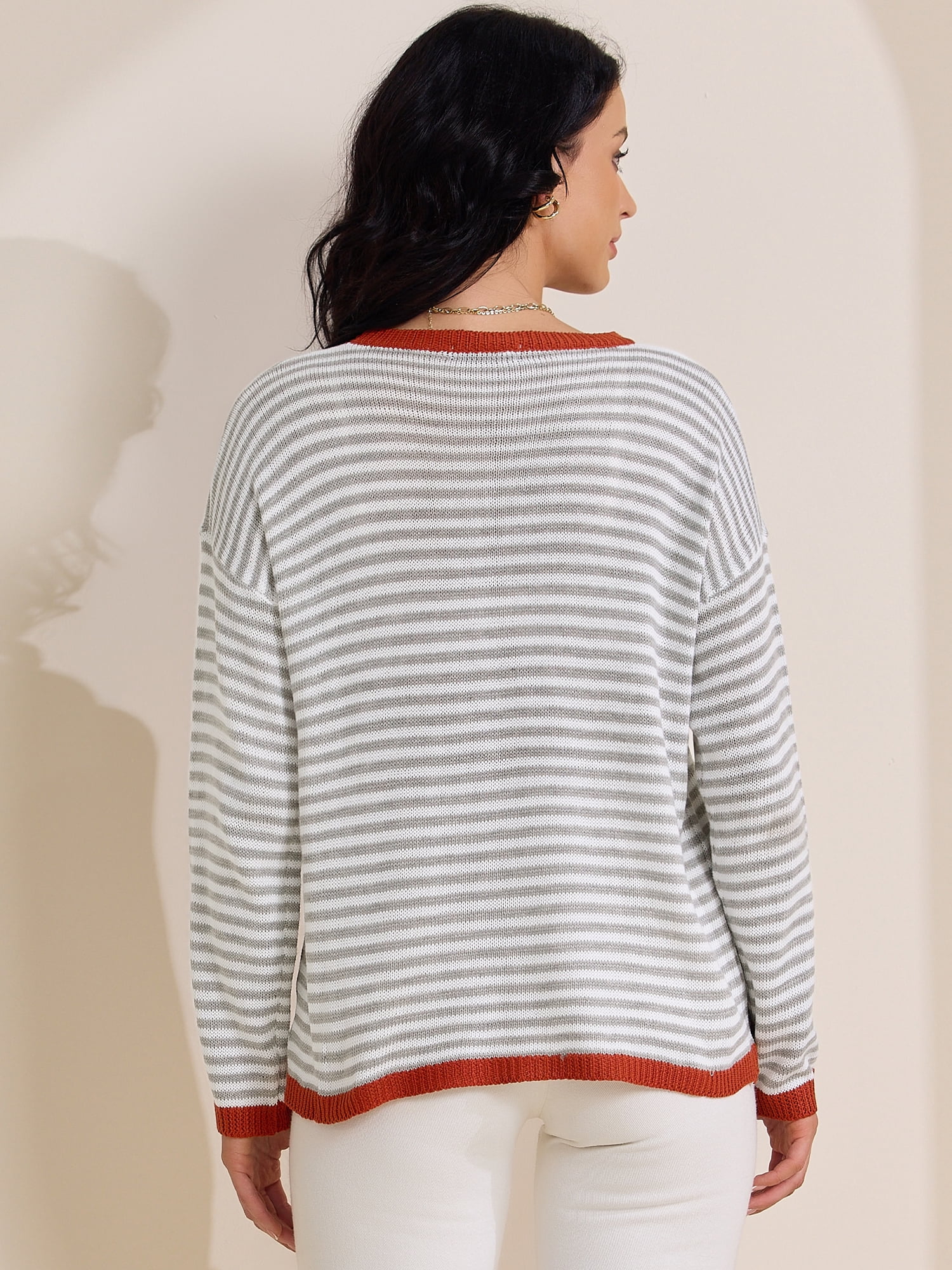 DARING DIVA Women's Striped Crew Neck Loose Knitted Sweatshirts 2XL Light Gray