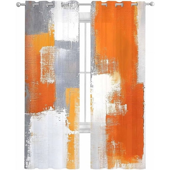 Burnt Orange Grey Blackout Curtains Set For Living Room/Bedroom, Modern Geometric Kitchen Curtains With Grommet, Oil Painted Curtains Drapes Voile 26"W x 45"L (Pack of 2)