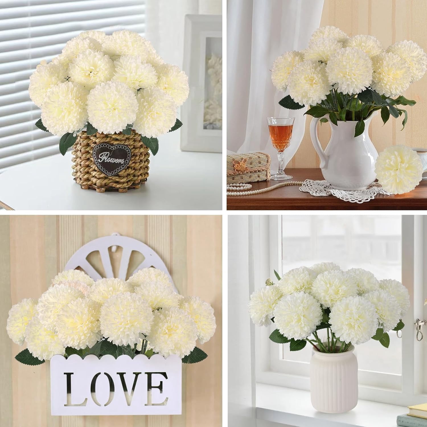 Artificial Chrysanthemums Flowers Ball Flowers White Flowers Bulk, Fake Mums Flowers Silk Plants for Home Decor Indoor Floral Arrangement Table Centerpiece (, White)