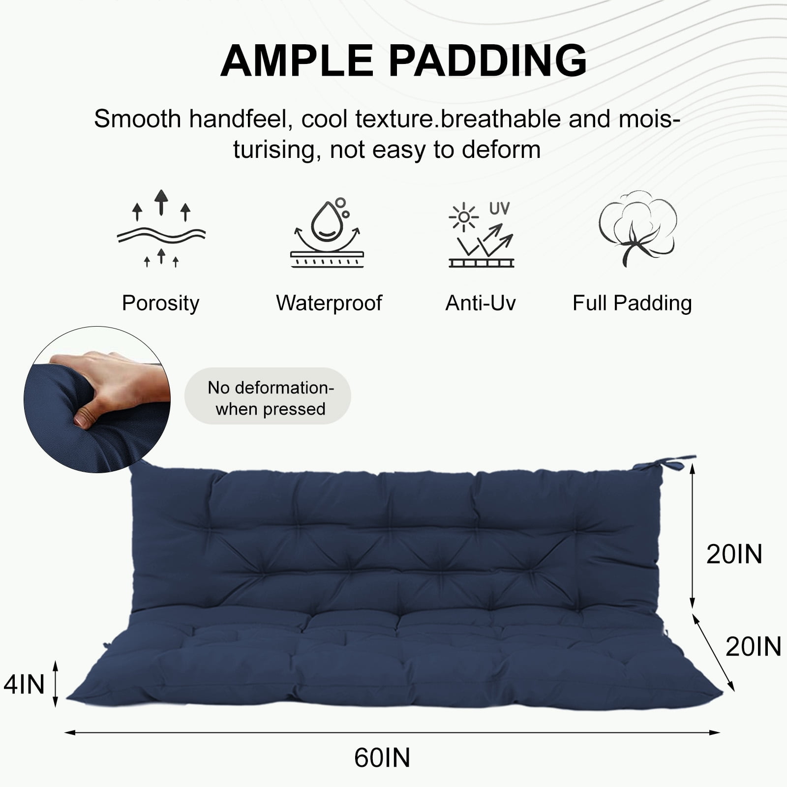 60in Outdoor Swing Cushions, Waterproof 4" Thick Porch Swing Cushion Replacement with Backrest and Ties, Comfortable 2-3 Seat Pation Swing Pad for Backyard, Garden, Lawn, Outdoor Furniture