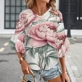 thumbnail image 3 of Pink Peonies Floral Artwork Women's V-Neck Blouse With 3/4 Ruffled Bell Sleeves Casual Top Ladies Blouses, 3 of 7