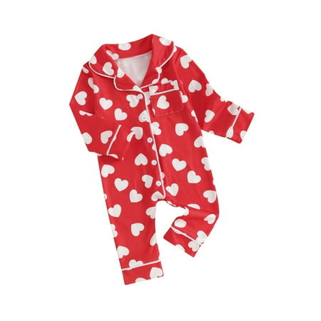 

Thaisu Baby Boys Girls Pajamas Jumpsuits Long Sleeve Lapel Collar Heart Print Button Up Rompers Newborn Clothes