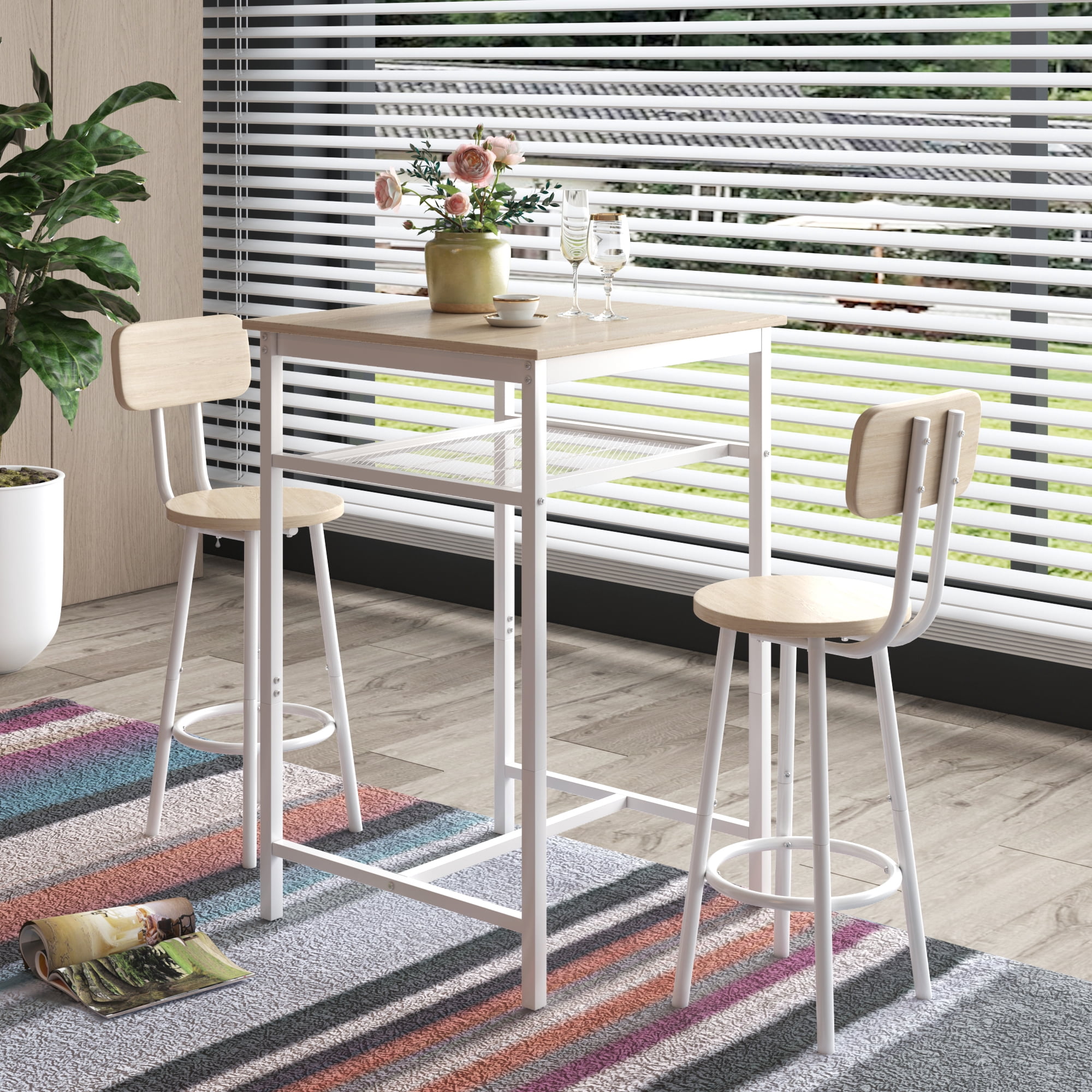 Bar Table Set of 2,Bistro Kitchen Table Sets,Wood Pub Bar Table Set with Storage Rack for Small Space, Apartment,White Oak