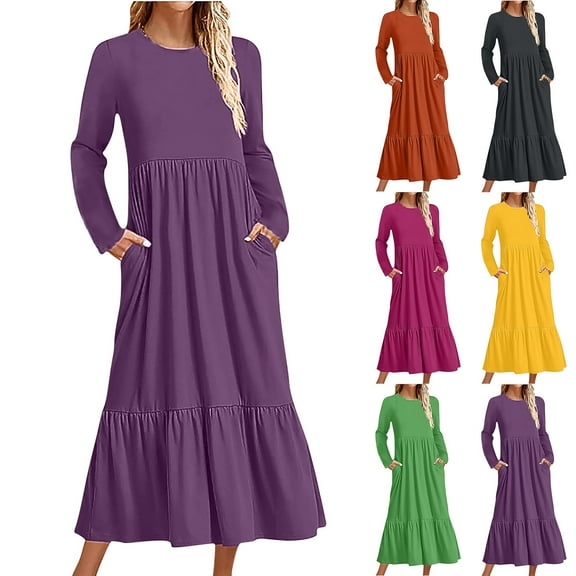 Sentmoon Women Dresses Fall with Pockets Long Sleeve Crew Neck Wedding Guest Dresses for Women Solid Color Loose Maxi Dresses for Women Soft and Comfortable for Winter Wedding Guest S