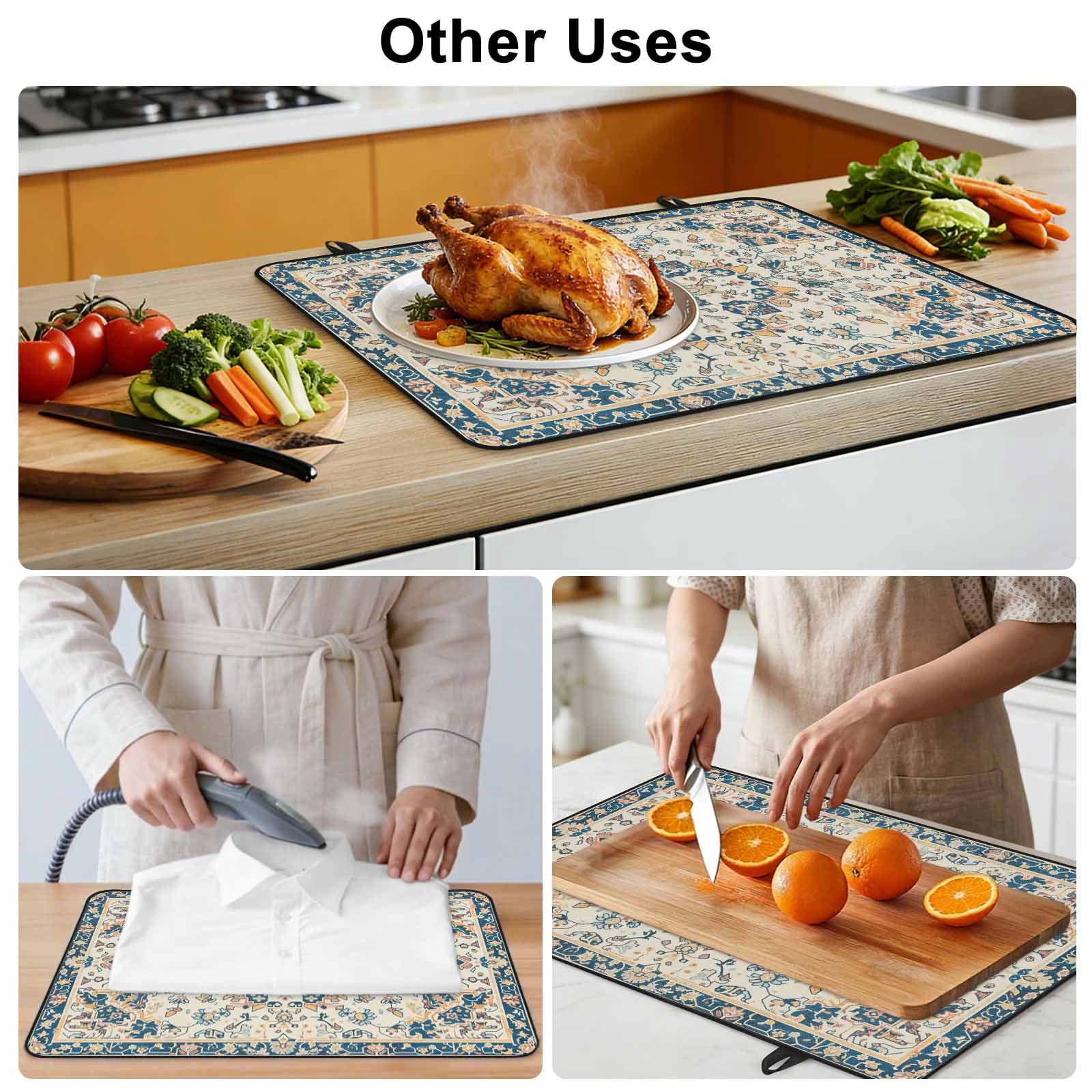 Boho Orange Blue Stove Top Cover for Electric Stove, Heat-proof & Non Slip Glass Top Stove Cover Protector, Southwestern Ethnic Mexican Flowers Rustic Kitchen Flat Cooktop Rubber Mat 24x21 Inches