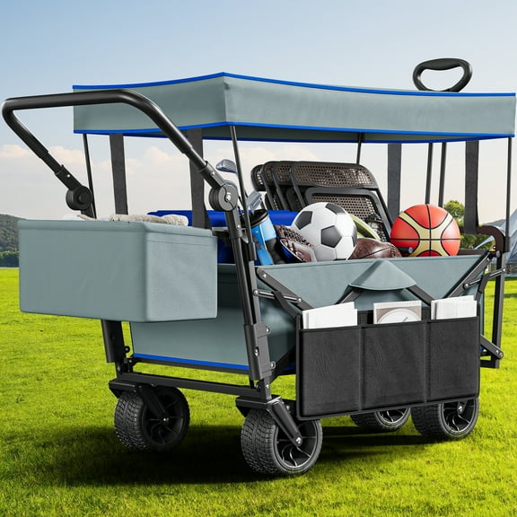 Wubio Heavy-Duty Outdoor Collapsible Wagon & Removable Canopy w/Handles & Wheels/Blue