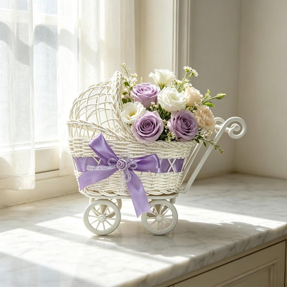 Wicker Stroller Basket, With Wheels and Handle, Multi-Functional Storage Basket, Cute Rustic Decoration, Suitable for Wedding Centerpiece Decoration, Party Snack Storage, Decorative Container