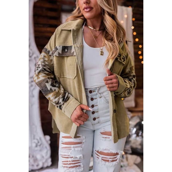 Aztec Print Patchwork Bohemian Retro Corduroy Jacket (XL, KhakiBeige)