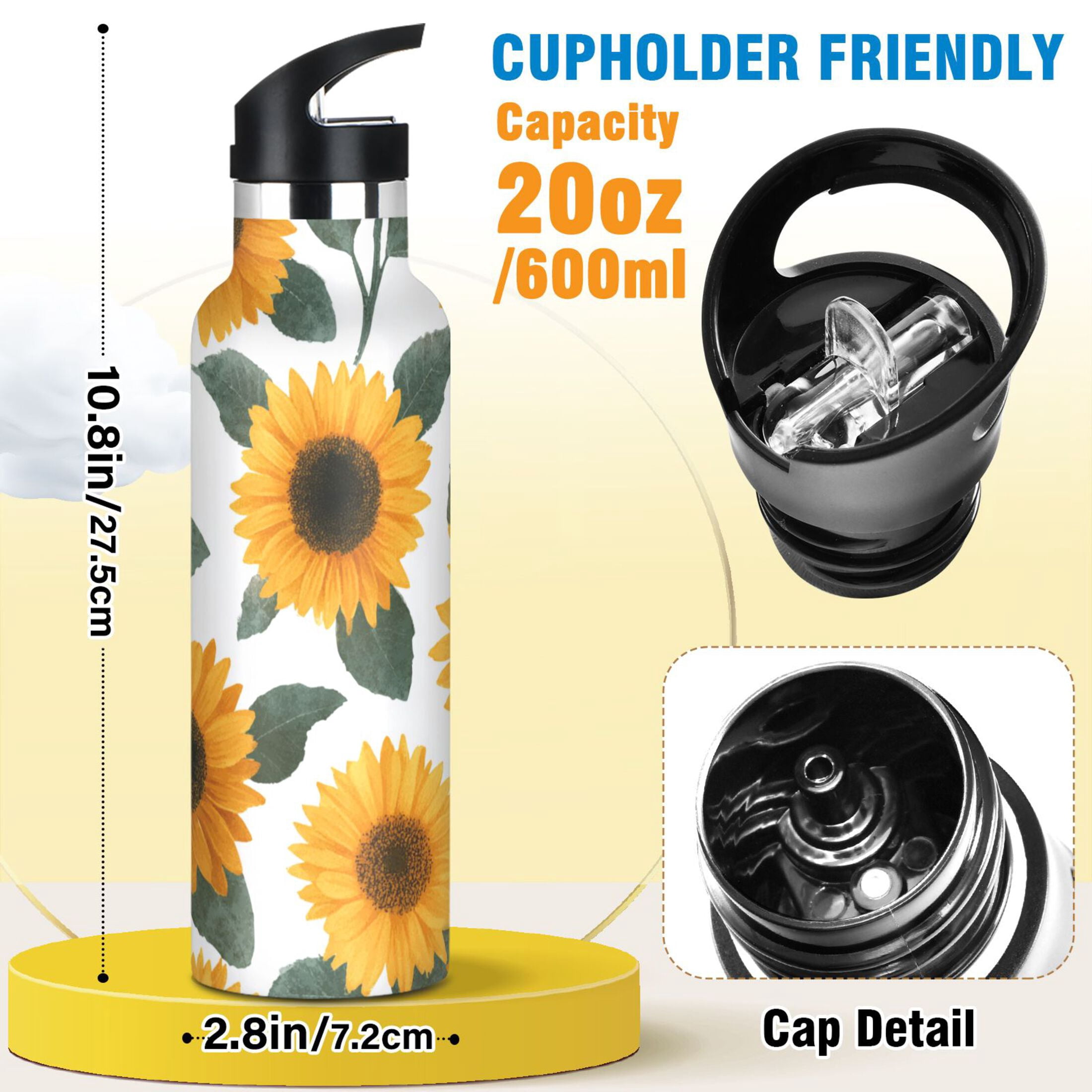 Kids Insulated Stainless Steel Sports Water Bottle 600ml (20oz) Orange Sunflowers